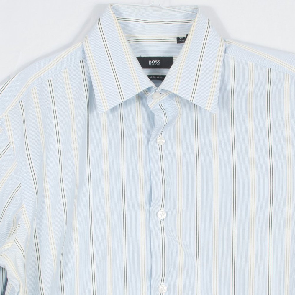 Hugo Boss 15.5/39 (15x34) Men's Dress Shirt French Cuff Blue Green Striped